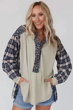 Blue Floral Plaid Mixed Print Bishop Sleeve Patchwork Top - Fashionfitz