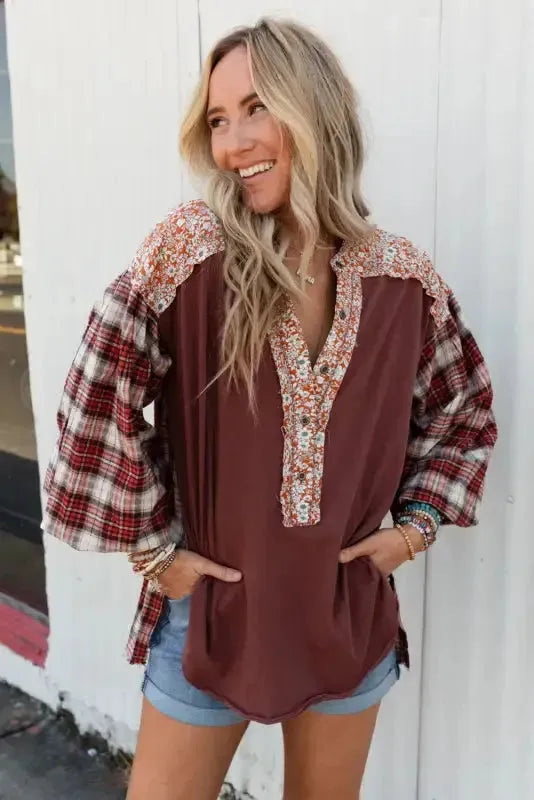 Blue Floral Plaid Mixed Print Bishop Sleeve Patchwork Top - Fashionfitz