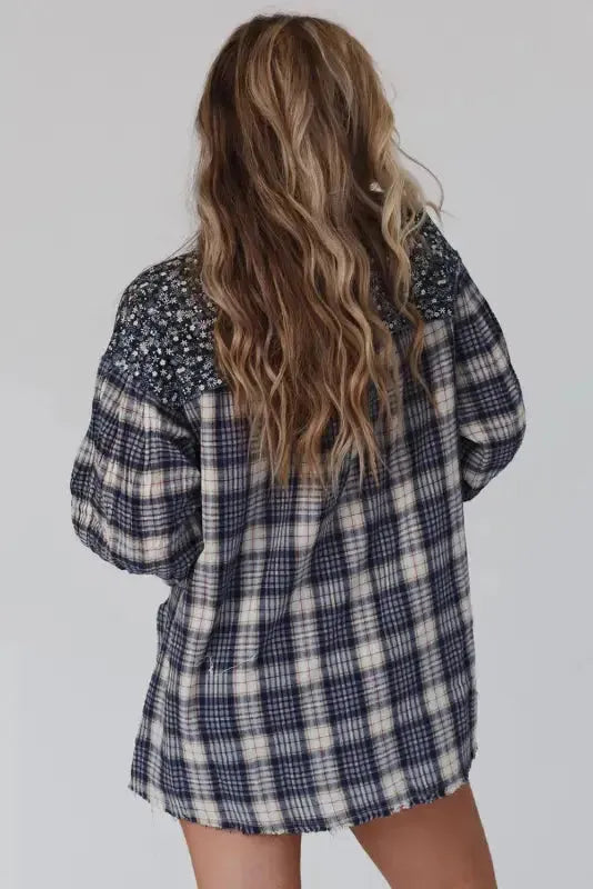 Blue Floral Plaid Mixed Print Bishop Sleeve Patchwork Top - Fashionfitz