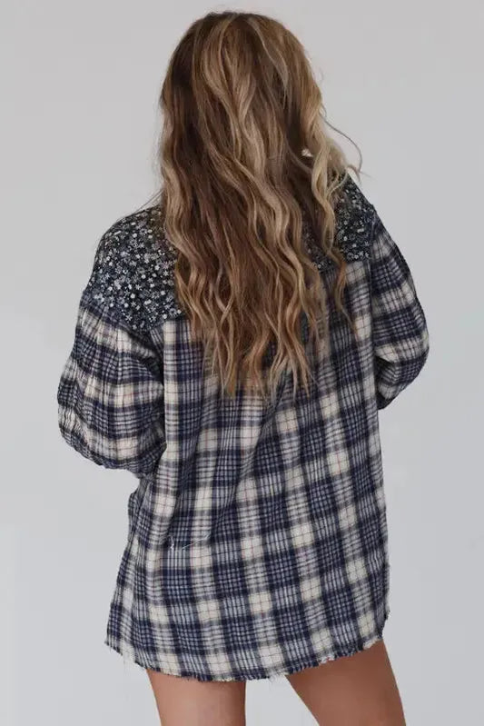 Blue Floral Plaid Mixed Print Bishop Sleeve Patchwork Top - Fashionfitz