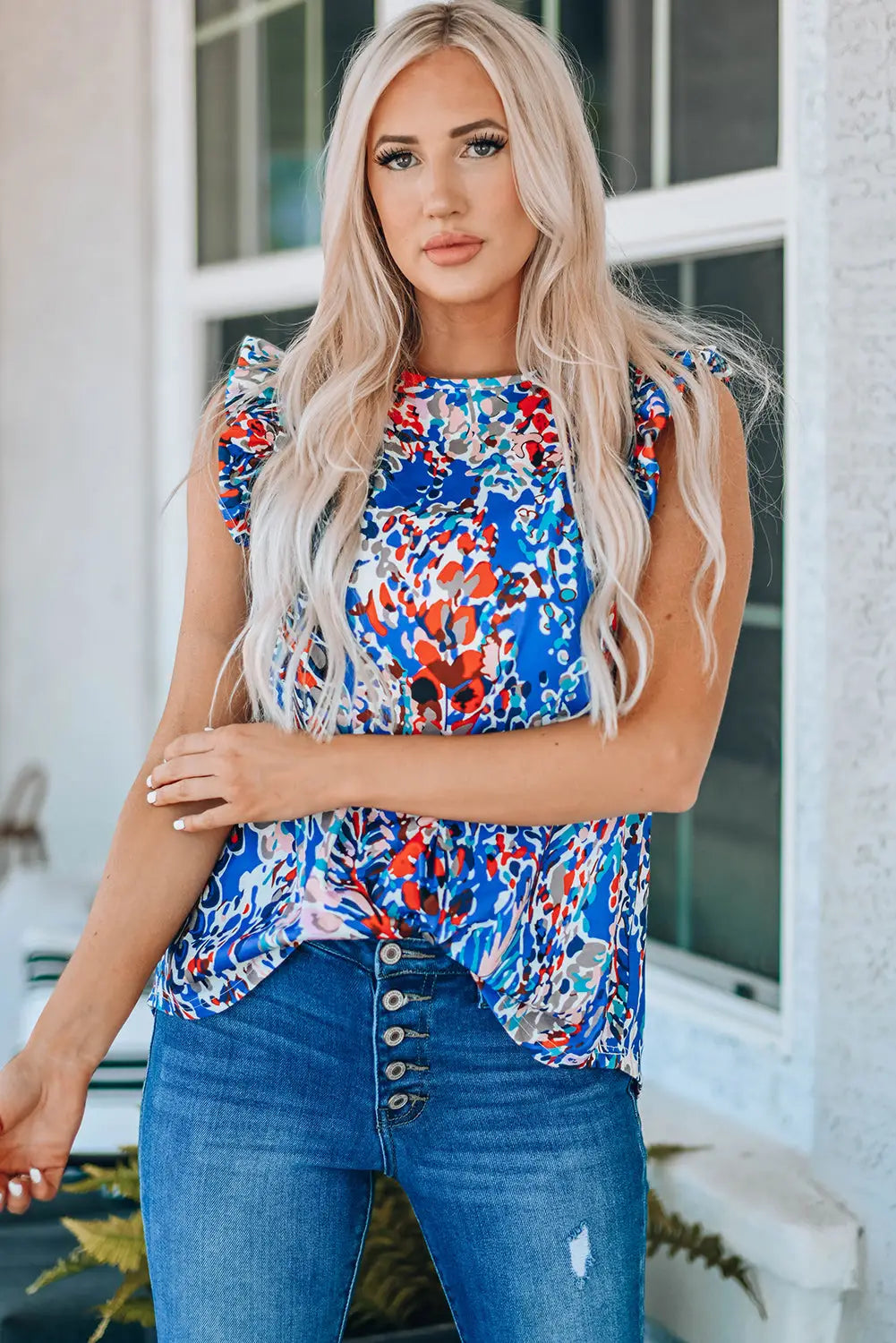 Blue floral print tank top with ruffles - s