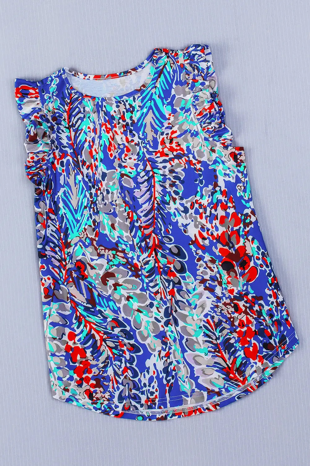 Blue floral print tank top with ruffles - tops