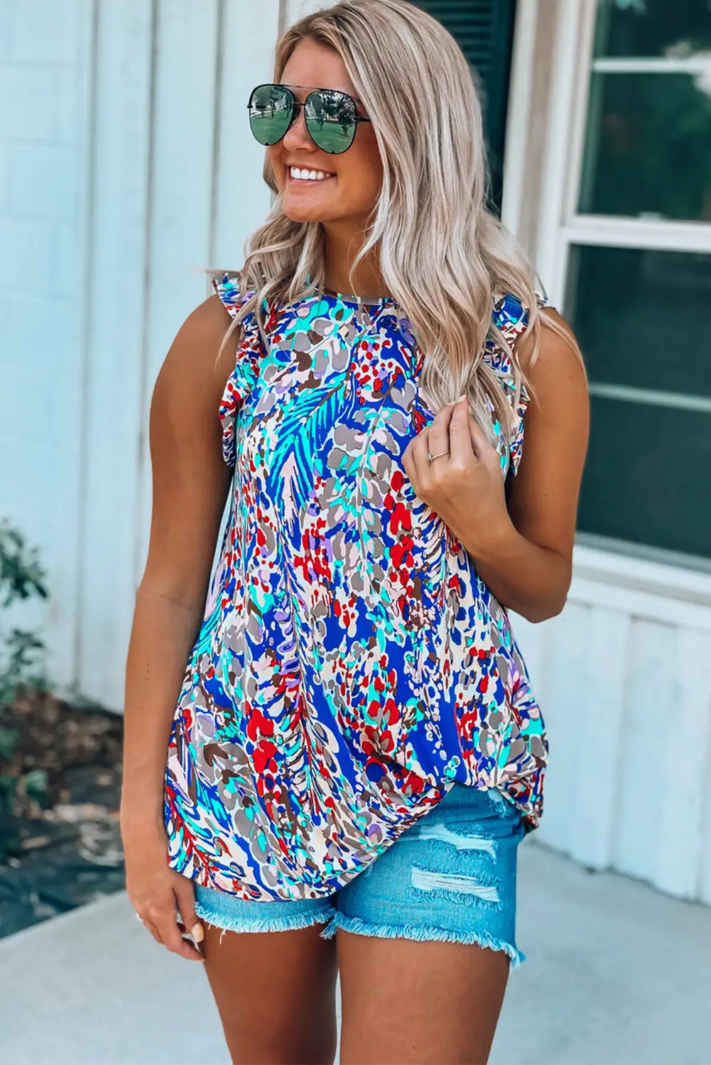 Blue floral print tank top with ruffles - tops