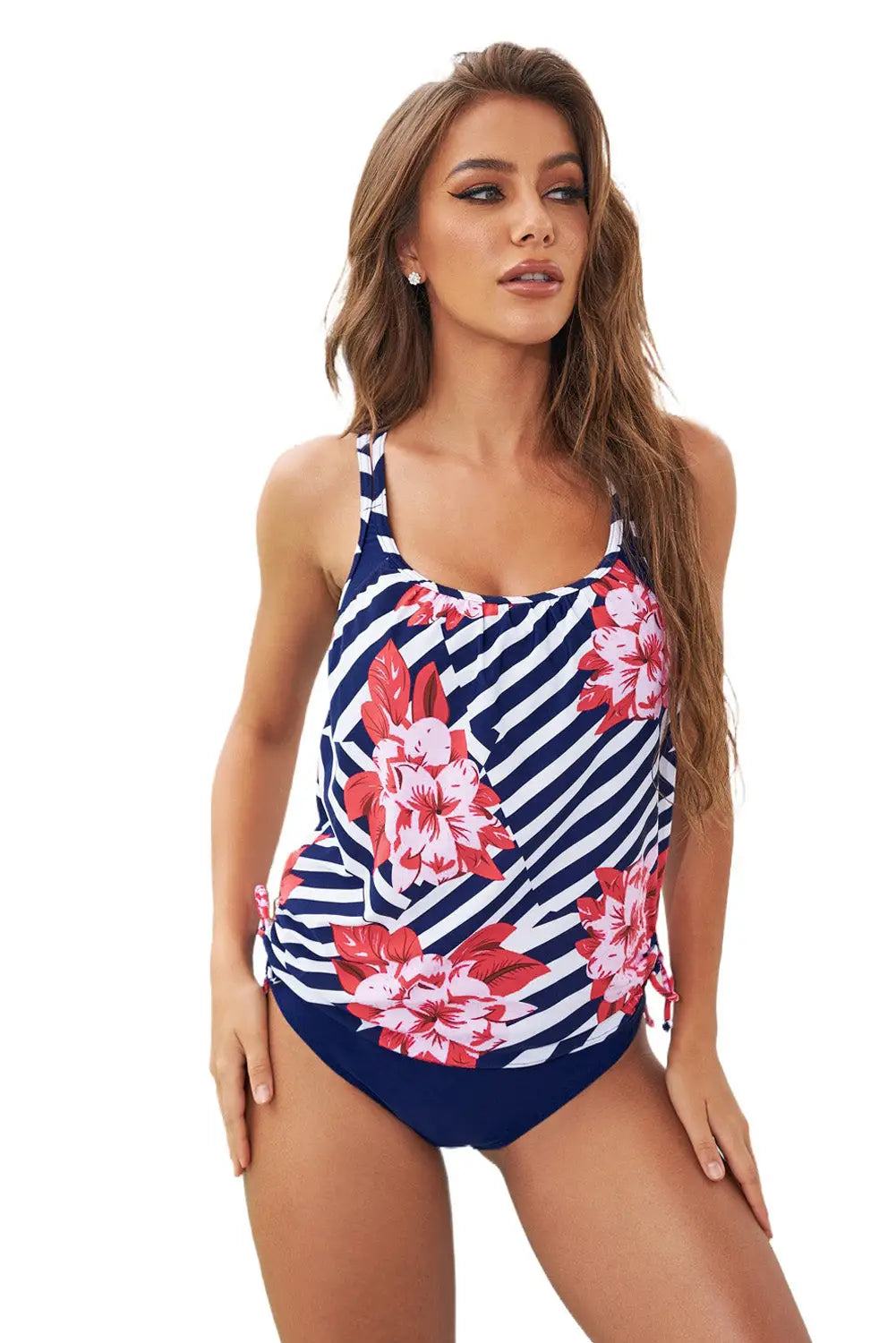Blue floral printed lined tankini swimsuit - tankinis