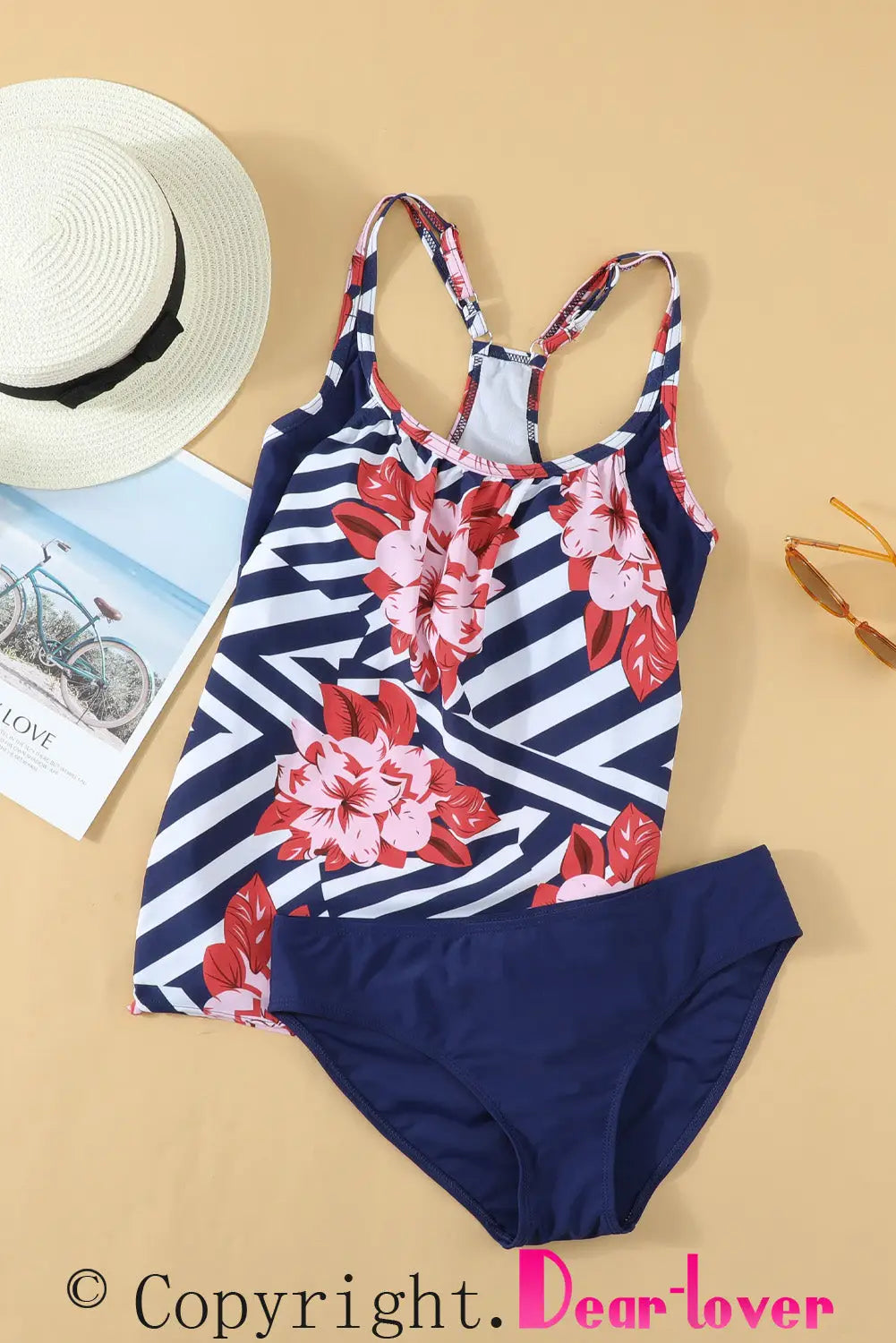 Blue floral printed lined tankini swimsuit - tankinis