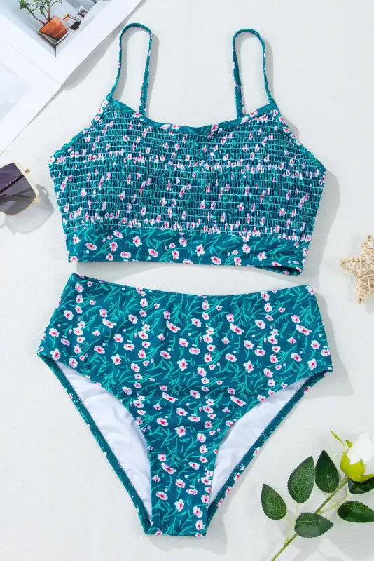 Blue floral smocked bikini set