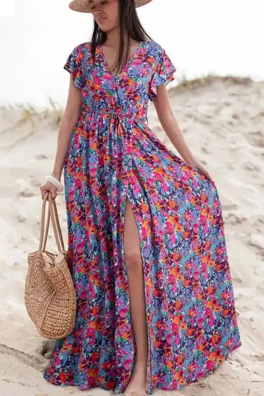 Blue Floral Split Wrap Maxi Dress - Fashionfitz