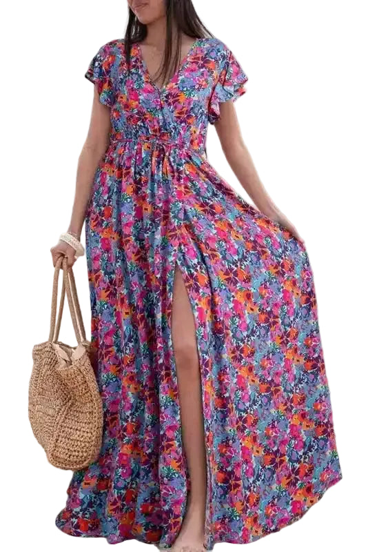 Blue Floral Print V Neck Wrap Split Maxi Dress Blue / M / 100%Viscose