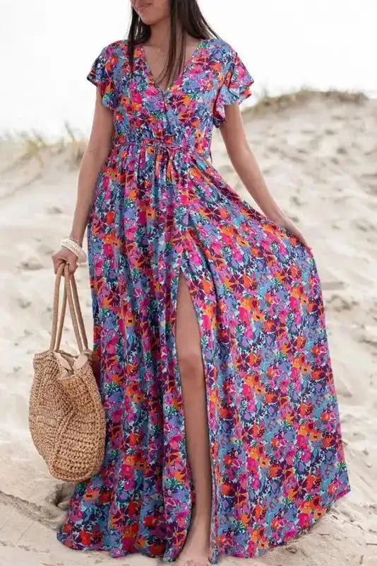 Blue Floral Split Wrap Maxi Dress - Fashionfitz