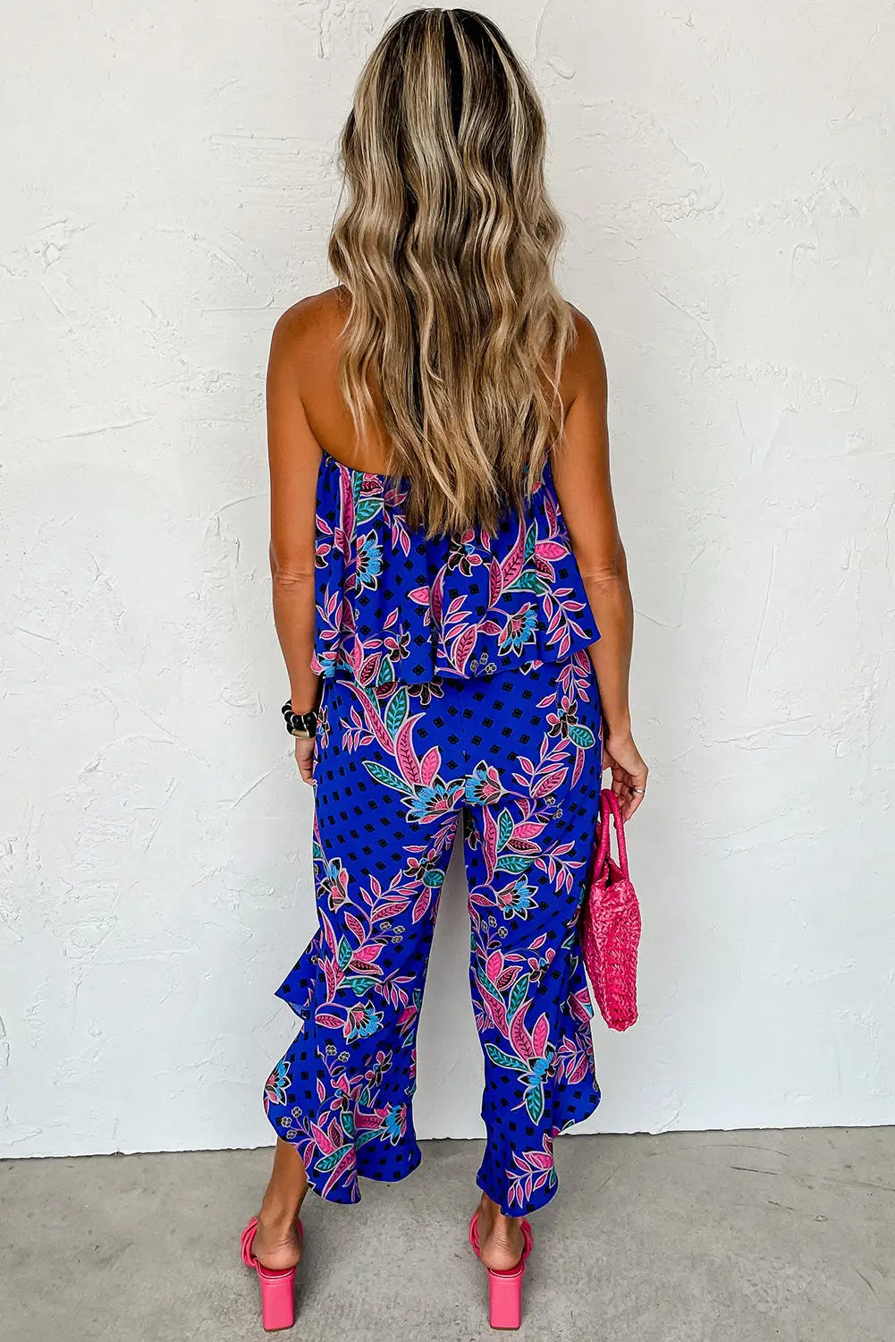 Blue floral strapless ruffled jumpsuit - bottoms/jumpsuits & rompers