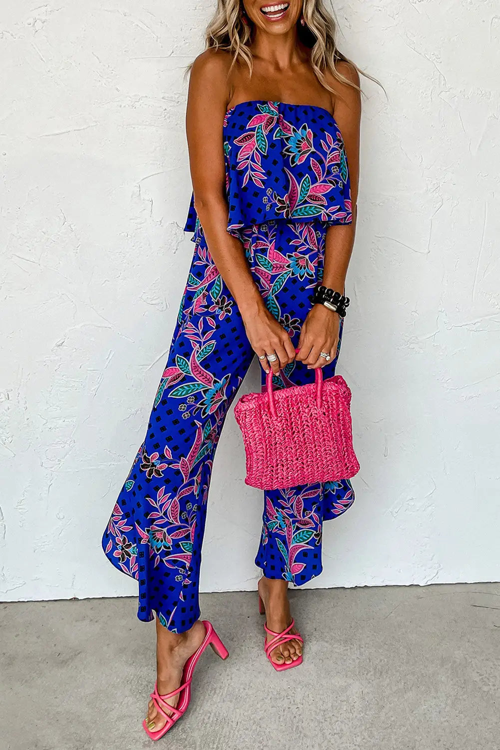 Blue floral strapless ruffled jumpsuit - s / 100% polyester - bottoms/jumpsuits & rompers