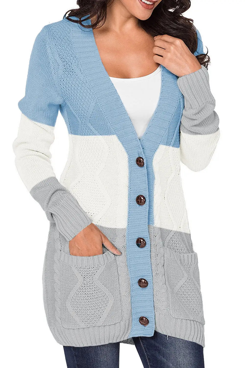 Blue front pocket and buttons closure cardigan - sweaters & cardigans