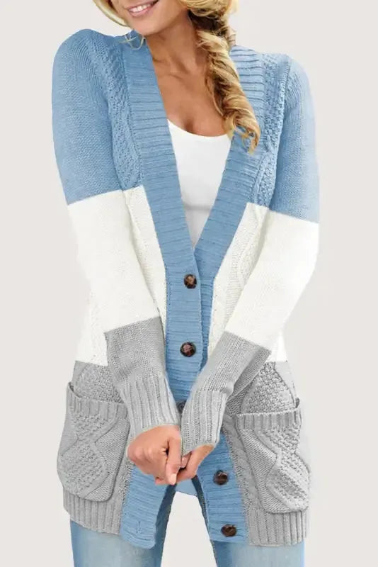 Blue Front Pocket and Buttons Closure Cardigan - Fashionfitz
