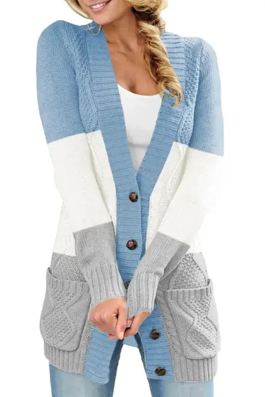 Blue Front Pocket and Buttons Closure Cardigan - Fashionfitz