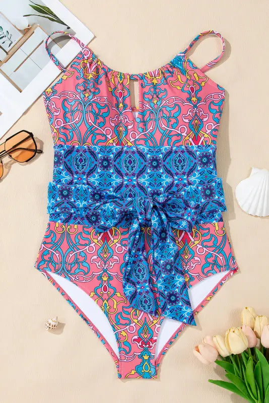 Blue geometric one piece swimsuit - hollow out knotted waist