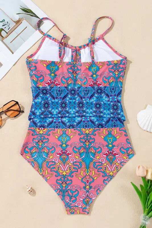 Blue geometric one piece swimsuit - hollow out knotted waist