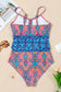 Blue geometric one piece swimsuit - hollow out knotted waist