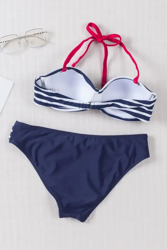 Blue halter bandeau striped bikini - bikinis