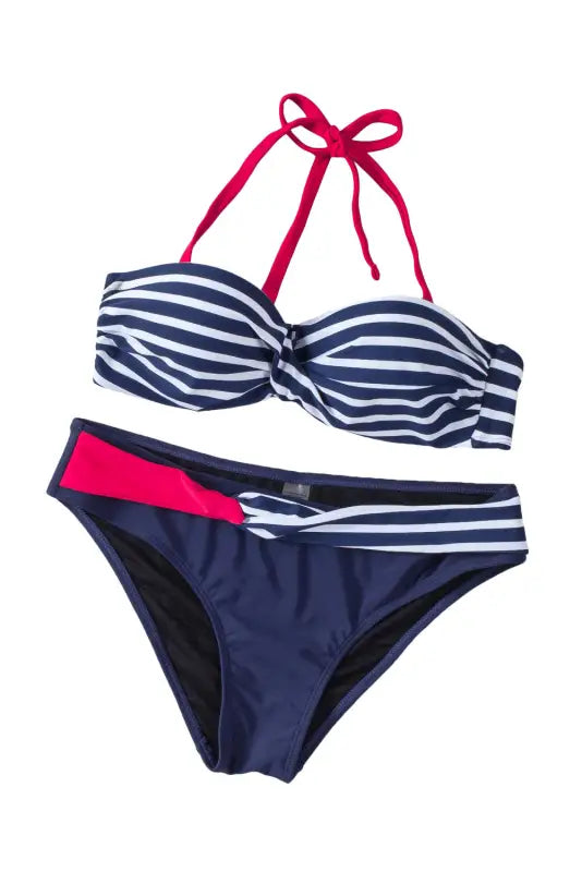 Blue halter bandeau striped bikini - bikinis