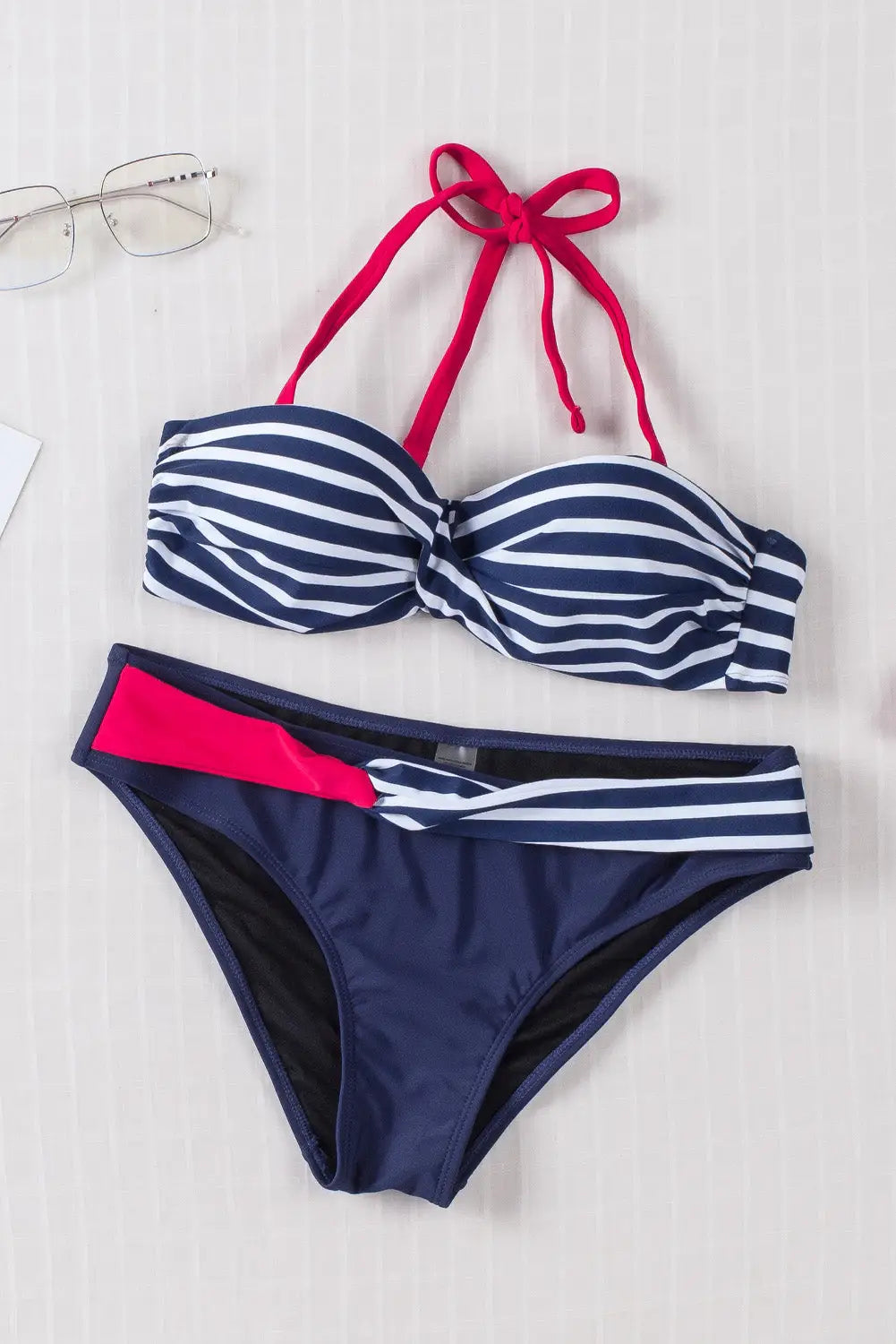 Blue halter bandeau striped bikini - bikinis
