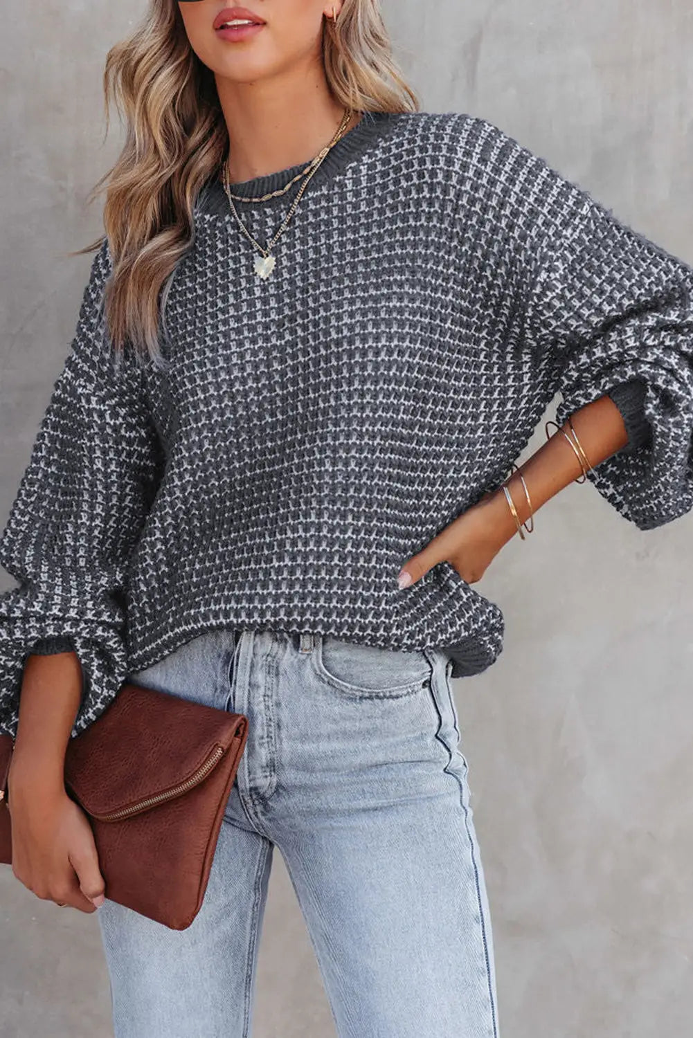 Blue heathered knit drop shoulder puff sleeve sweater - gray / s / 65% acrylic + 35% polyester - & cardigans