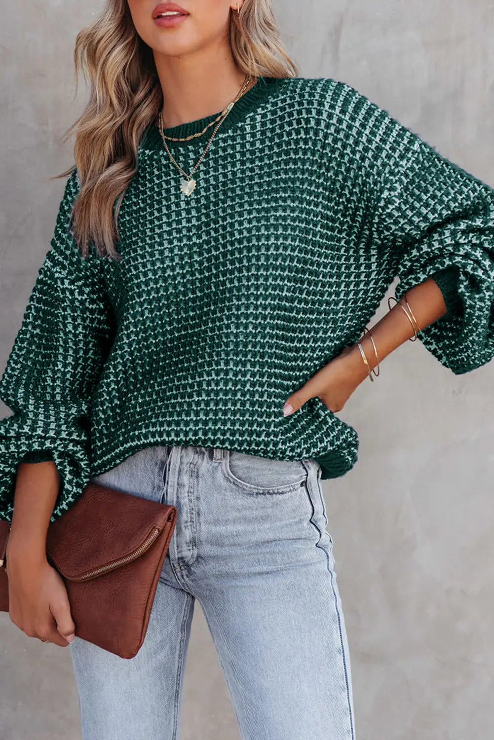 Blue heathered knit drop shoulder puff sleeve sweater - green / s / 65% acrylic + 35% polyester - & cardigans