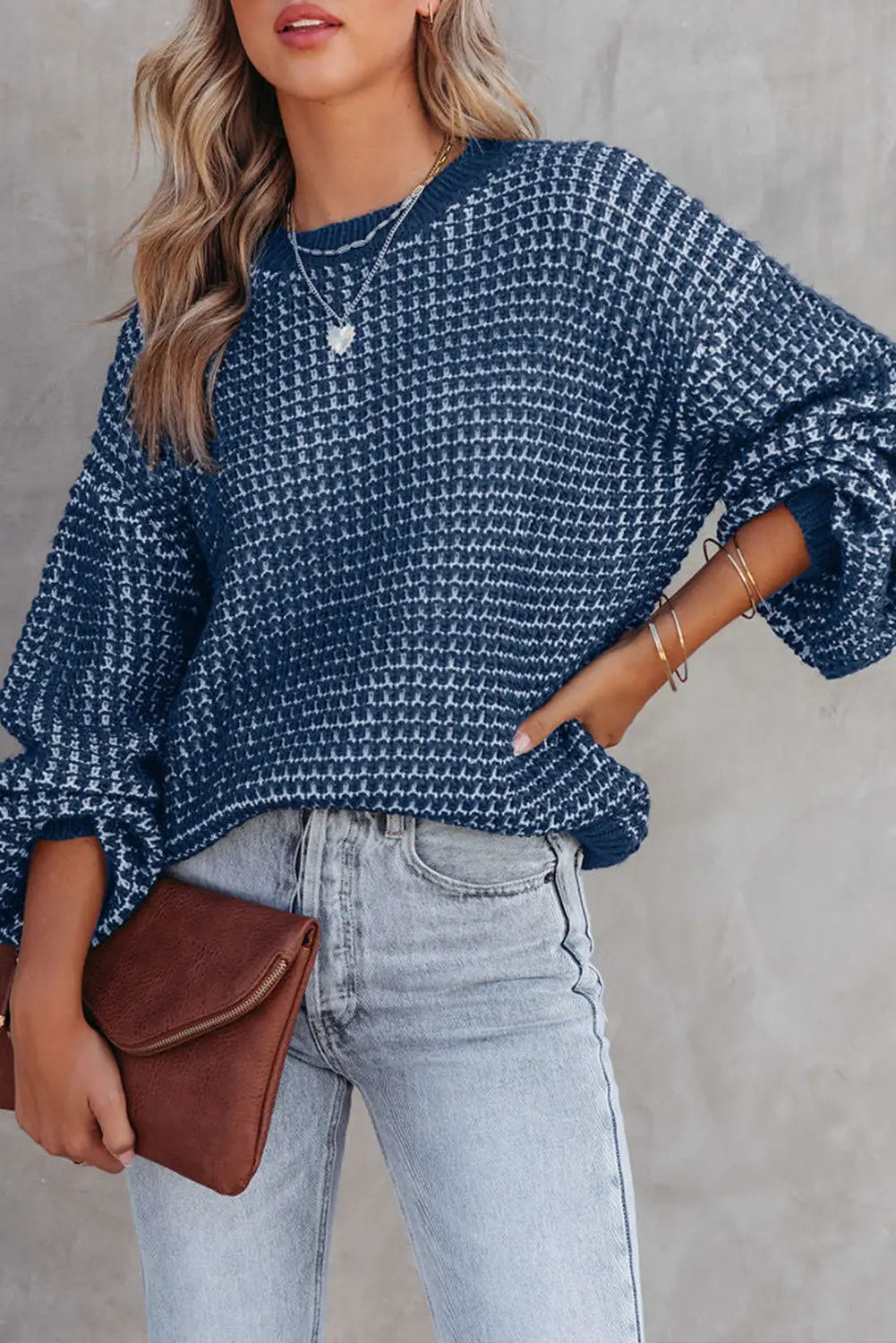 Blue heathered knit drop shoulder puff sleeve sweater - & cardigans