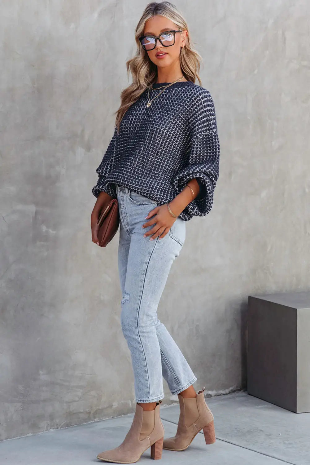 Blue heathered knit drop shoulder puff sleeve sweater - & cardigans