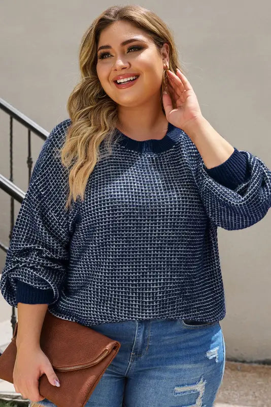 Blue heathered knit plus size drop shoulder sweater