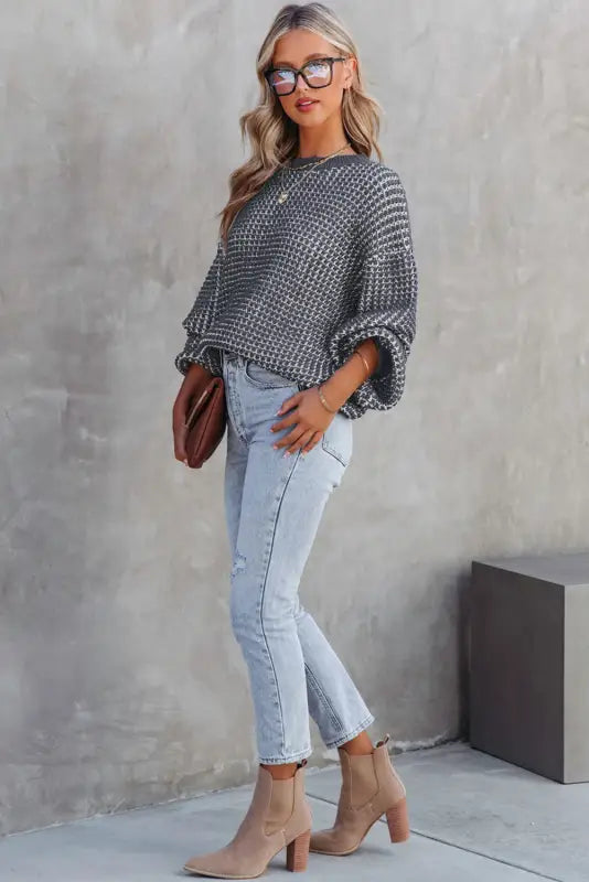 Blue heathered knit plus size drop shoulder sweater