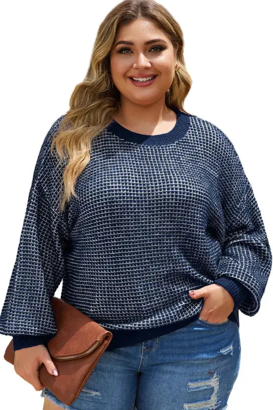 Blue heathered knit plus size drop shoulder sweater