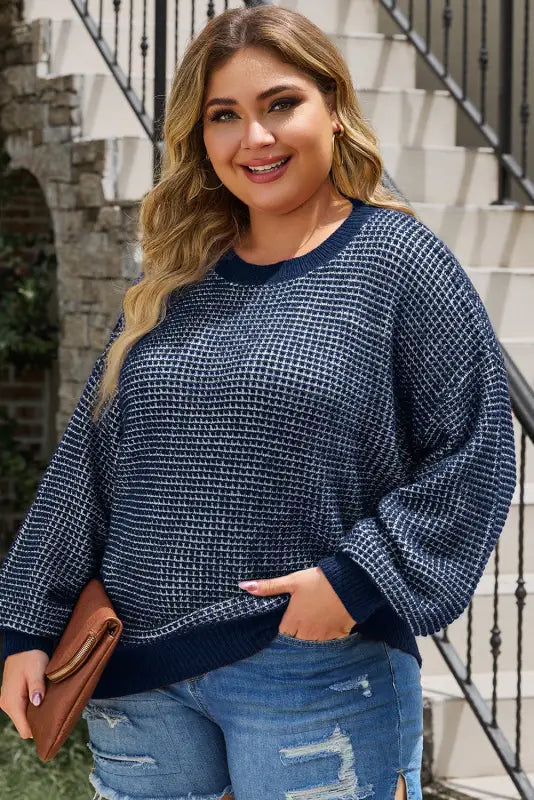 Blue heathered knit plus size drop shoulder sweater