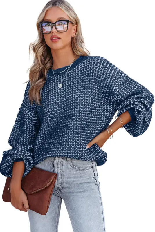 Blue heathered knit plus size drop shoulder sweater