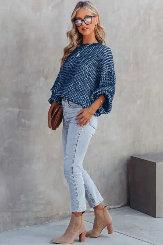 Blue heathered knit plus size drop shoulder sweater