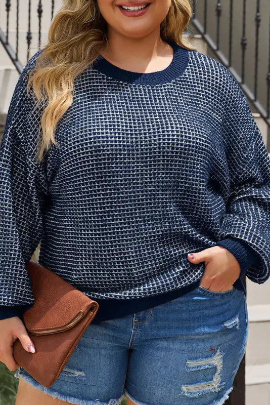 Blue heathered knit plus size drop shoulder sweater