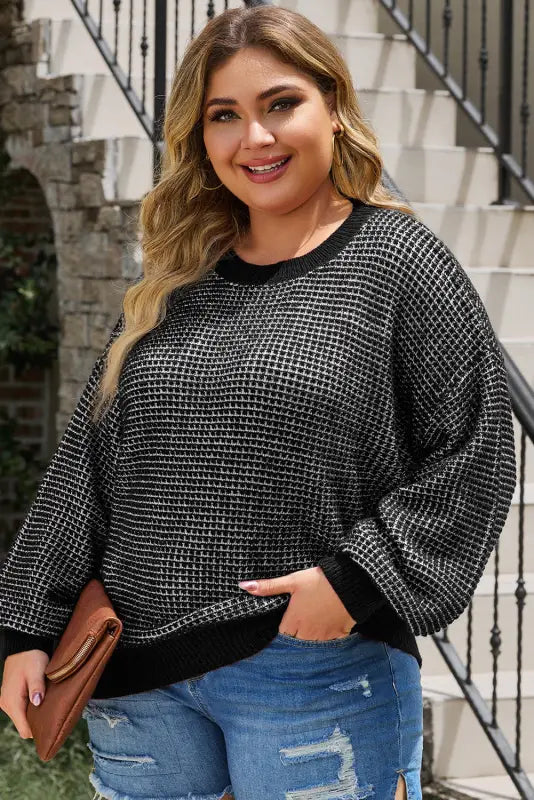 Blue heathered knit plus size drop shoulder sweater