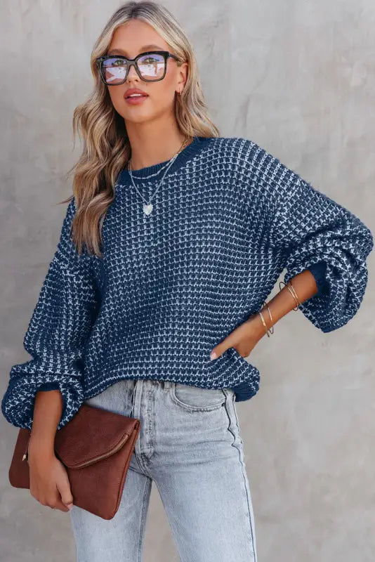 Blue heathered knit plus size drop shoulder sweater