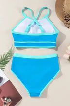 Blue High Waist Bikini - Contrast Trim Crisscross Back - Fashionfitz