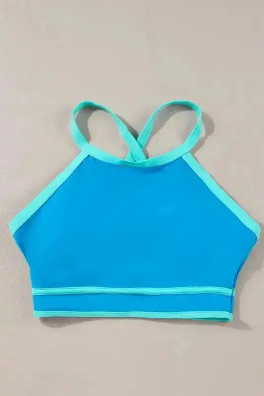 Blue High Waist Bikini - Contrast Trim Crisscross Back - Fashionfitz