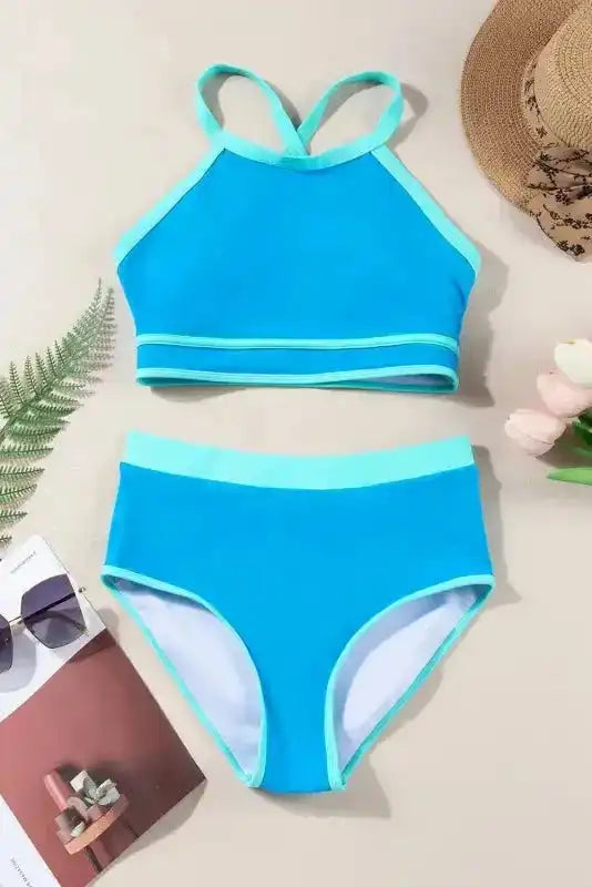 Blue High Waist Bikini - Contrast Trim Crisscross Back - Fashionfitz