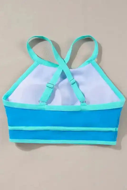 Blue High Waist Bikini - Contrast Trim Crisscross Back - Fashionfitz