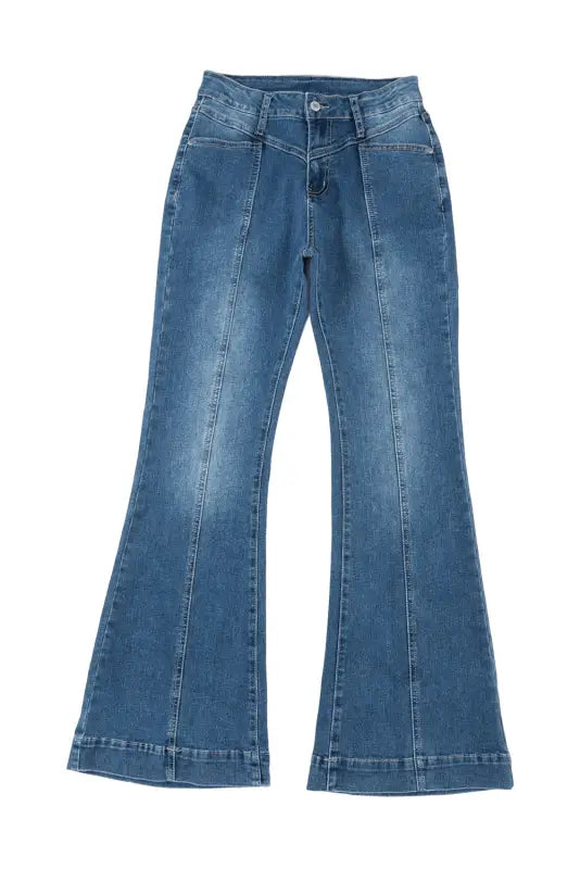 Blue high waist seam stitching pocket flare jeans - bottoms