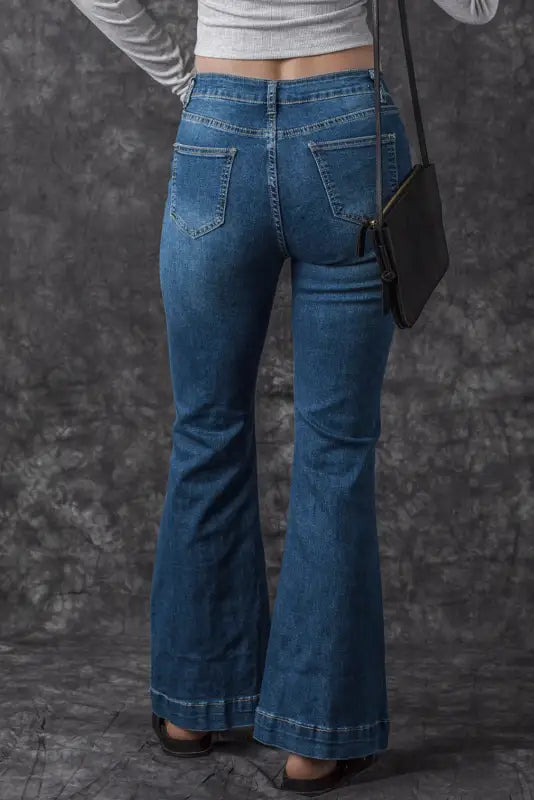 Blue high waist seam stitching pocket flare jeans - bottoms