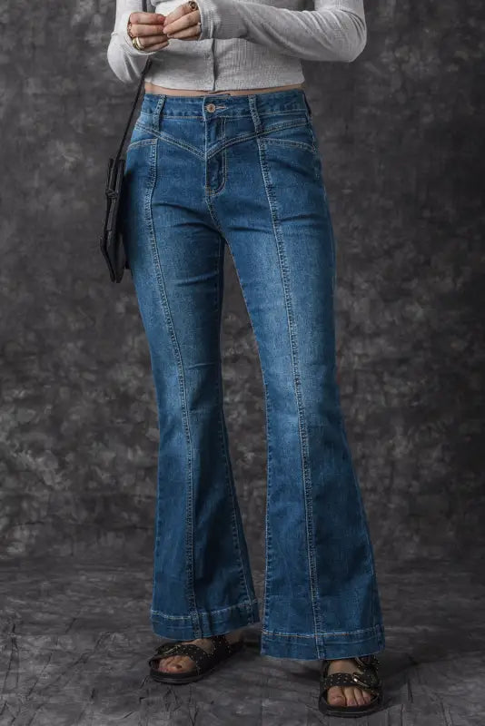 Blue high waist seam stitching pocket flare jeans - bottoms