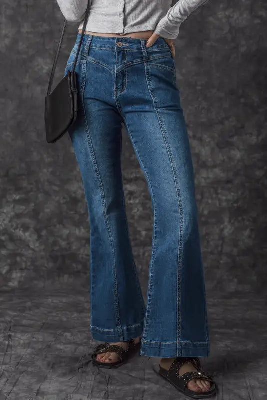 Blue high waist seam stitching pocket flare jeans - bottoms