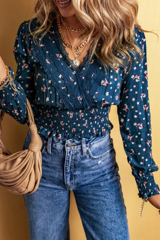 Blue lace trim floral blouse - blouses