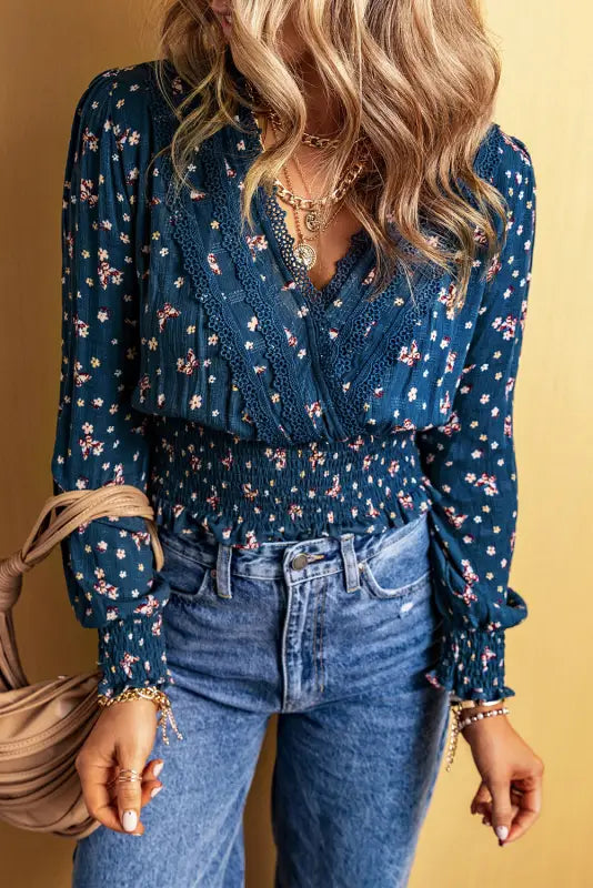 Blue lace trim floral blouse - blouses