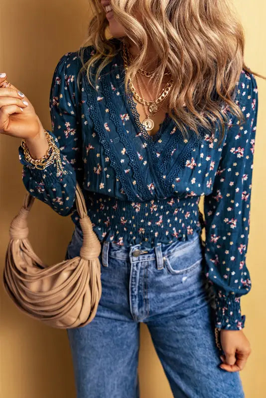 Blue lace trim floral blouse - blouses