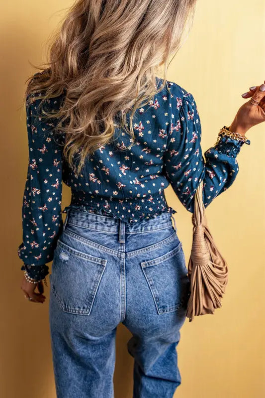 Blue lace trim floral blouse - blouses