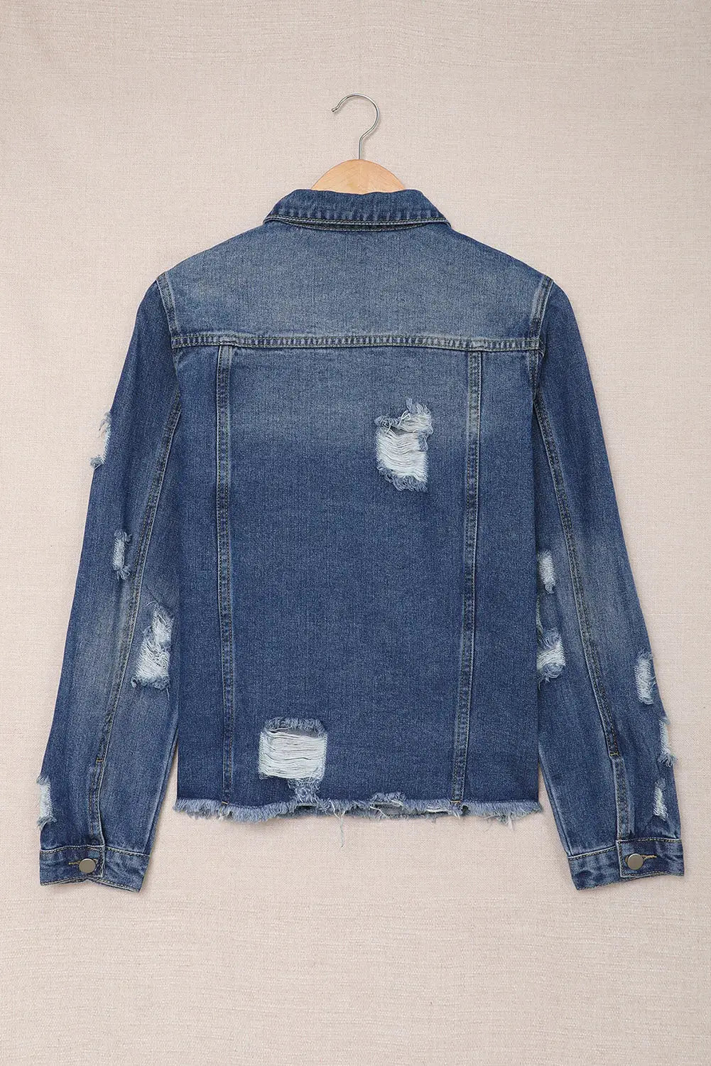 Blue lapel distressed raw hem buttons denim jacket - jackets